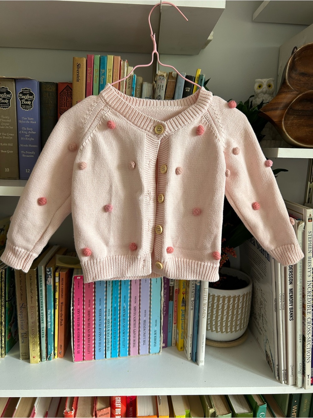 Girls' Pink Pom-Pom Knit 100% Cotton Cardigan Sweater